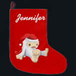 Calcetín Navideño Grande Juguete de Monstruo de Nieve Personalizado Navidad<br><div class="desc">Navidades cargando con un ilustracion de una linda criatura Navidad nieve, muñeca de juguete, usando un sombrero de santa roja. El pequeño monstruo de la nieve tiene una cuerda de arrastre para que hable y está cubierto de piel blanca suave con acentos marrones claros. El fondo es el color rojo....</div>