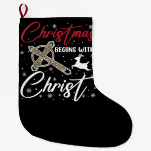 Calcetín Navideño Grande La Navidad Comienza Con Cristo Xmas Cristiano