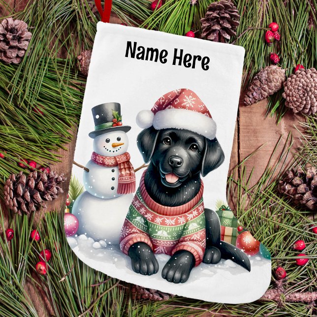 Calcetín Navideño Grande Labrador negro, perro acribillador y muñeco de nie (Subido por el creador)