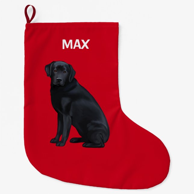 Calcetín Navideño Grande Labrador retriever negro en retrato (Anverso)