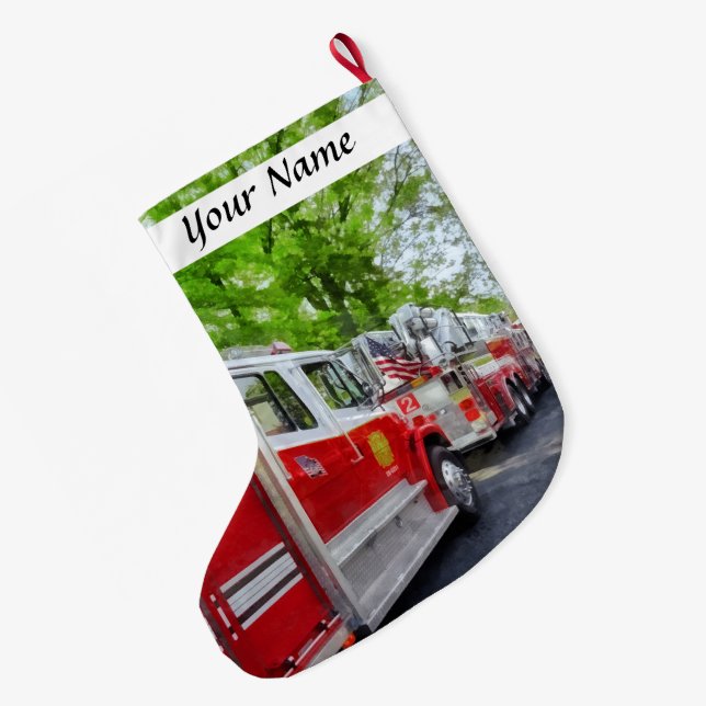 Calcetín Navideño Grande Larga cola de coches de bomberos (Anverso (colgado))