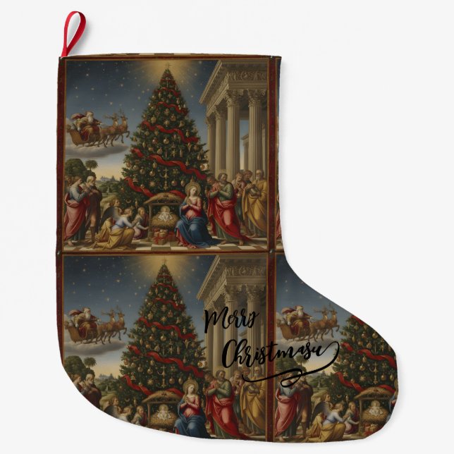 Calcetín Navideño Grande Large Polyester Nativity Santa Christmas Stocking (Anverso)