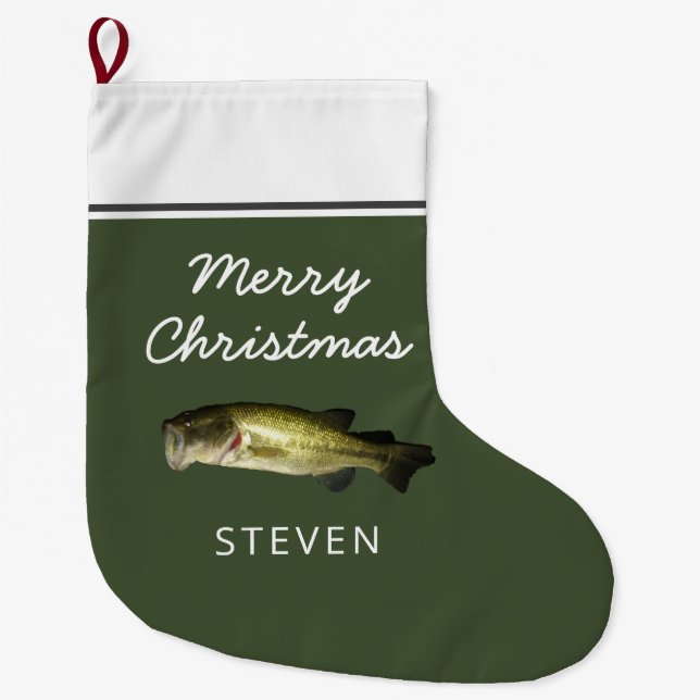 Calcetín Navideño Grande Largemouth Bass Fish Merry Christmas Personalizado (Anverso)