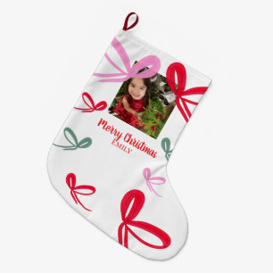 Calcetín Navideño Grande Lazos rojos de Navidad Multicolor Doodle Foto