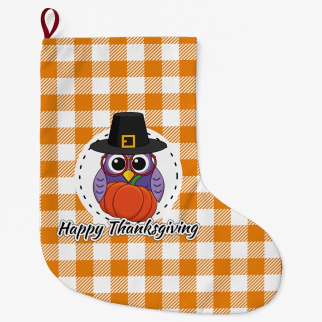 Calcetín Navideño Grande Lechuza peregrina sobre Naranja sembrada - Feliz D (Anverso)