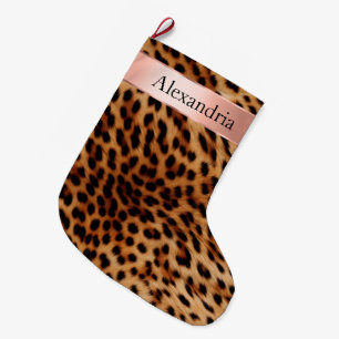 Calcetín Navideño Grande Leopard Animal Rosa Rosa Ribbon Nombre