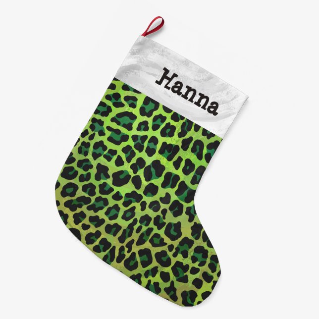 Calcetín Navideño Grande Leopard Black and Green Print (Frente (Colgado))