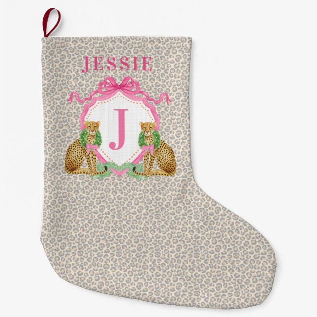 Calcetín Navideño Grande Leopard Christmas Wreath Monogram With Name (Anverso)