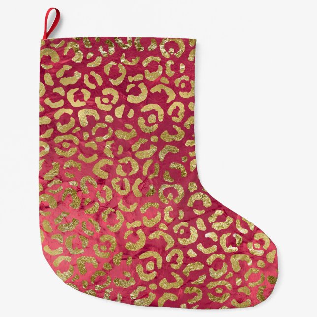 Calcetín Navideño Grande Leopardo del oro rojo Girly (Anverso)