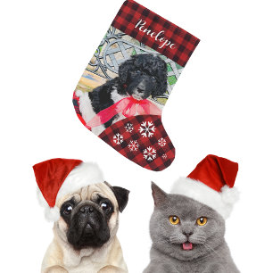 Calcetín Navideño Grande Lindo Cuadro Rojo Nombre de Perro Personalizado 