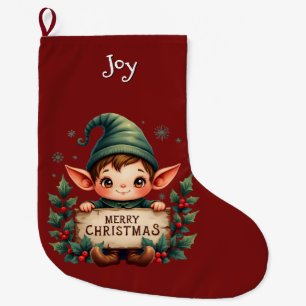 Calcetín Navideño Grande Lindo duende de Navidad sosteniendo un letrero ale