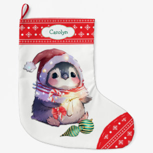 Calcetín Navideño Grande Lindo Pingüino Copo de Nieve Borde Rojo Niños