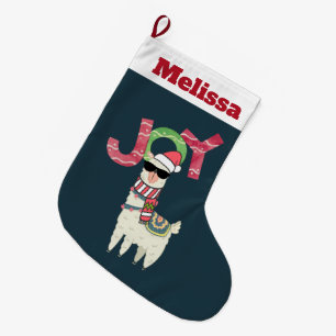 Calcetín Navideño Grande Llama usando un Sombrero de Santa y una alegría de