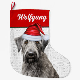 Calcetín Navideño Grande Lobero Irlandés de Navidad con nombre Woof Fondo