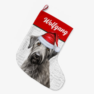 Calcetín Navideño Grande Lobero Irlandés de Navidad con nombre Woof Fondo