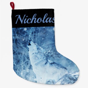 Calcetín Navideño Grande Lobo azul con nombre