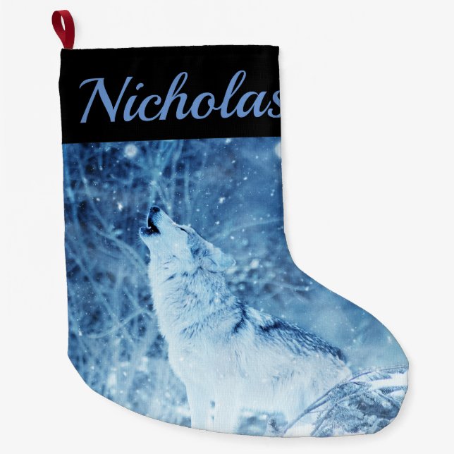 Calcetín Navideño Grande Lobo azul con nombre (Anverso)