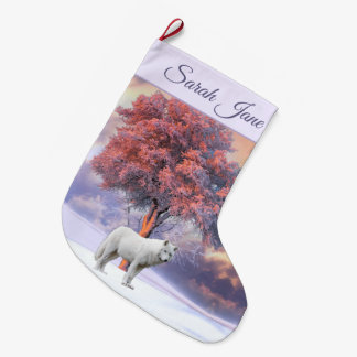 Calcetín Navideño Grande Lobo blanco en invierno | Navidades rosados en alz