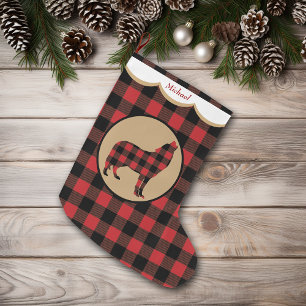 Calcetín Navideño Grande Lobo rojo de la tela escocesa del búfalo