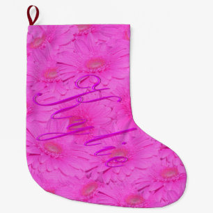 Calcetín Navideño Grande Logo De Nombre Kylie En Flores De Gerber Rosa,