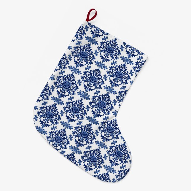 Calcetín Navideño Grande Luxury Royal Blue and White Baroque Floral Pattern (Frente (Colgado))