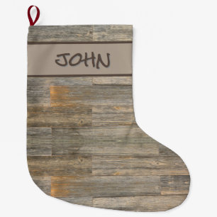 Calcetín Navideño Grande Luz angustiada Placas de grano Rustic Wood