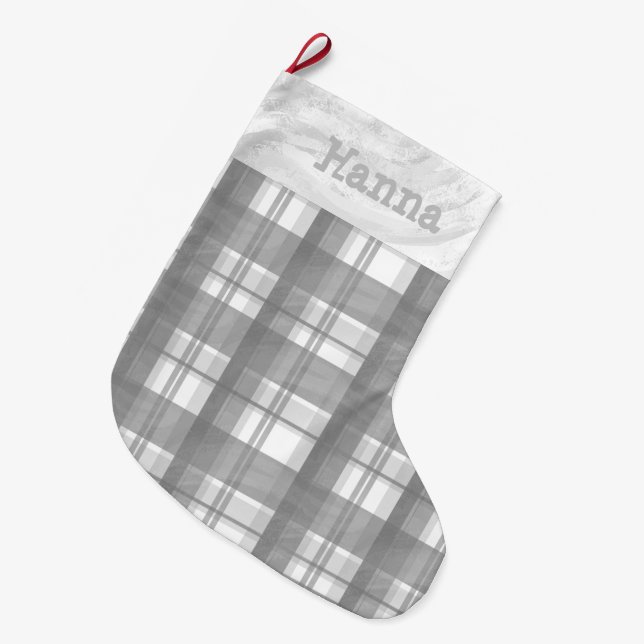 Calcetín Navideño Grande Madrás Plaid Gray (Frente (Colgado))