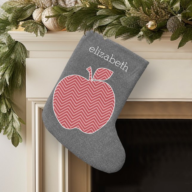 Calcetín Navideño Grande Maestro personalizado Apple con patrón Chevron a l (Personalized Christmas Stocking)