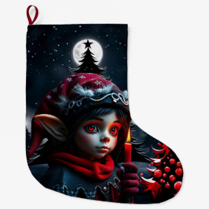 Calcetín Navideño Grande Magia del elfo gótico bajo la luna llena.