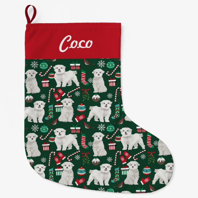 Calcetín Navideño Grande manada de perros malteses con nombre personalizado (Anverso)