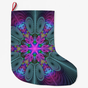 Calcetín Navideño Grande Mandalá desde el centro Arte fractal colorido con