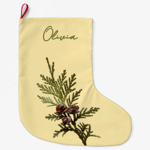 Calcetín Navideño Grande Mantequilla. Amarillo con helecho y conos de pino