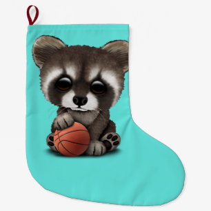 Calcetín Navideño Grande Mapache lindo del bebé que juega con baloncesto
