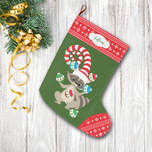 Calcetín Navideño Grande Mapache que hace juegos malabares lindo