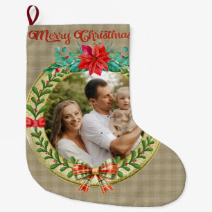 Calcetín Navideño Grande Marco de imagen personalizado y corona de Navidad 