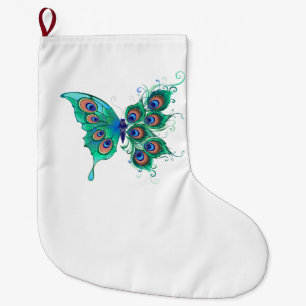 Calcetín Navideño Grande Mariposa con plumas de pavo real verde