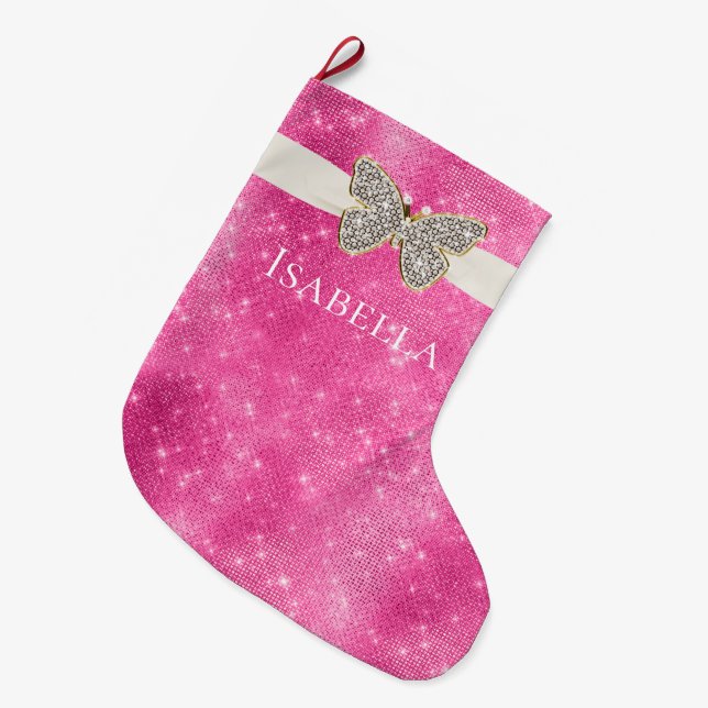 Calcetín Navideño Grande Mariposa de guijarro rosa (Frente (Colgado))