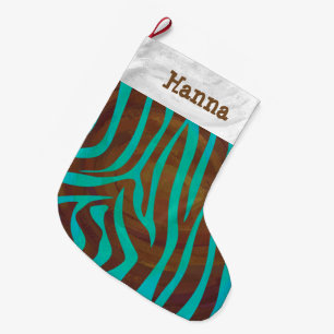 Calcetín Navideño Grande Marrón cebra y Verde azulado con monograma