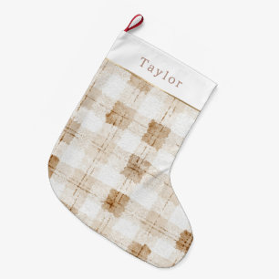 Calcetín Navideño Grande Marrón Crema Plaid Rayas Navidad Cálido Beige