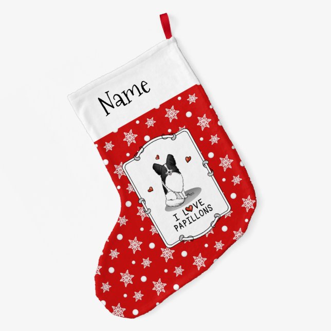 Calcetín Navideño Grande Me encantan los Papillones (blancos y negros) Cora (Anverso (colgado))