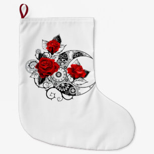 Calcetín Navideño Grande Media luna mecánica con rosas rojas