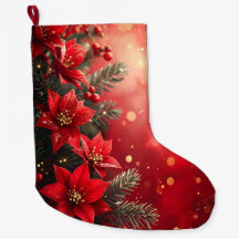Medias Navideñas de Poinsettias Rojas y Bayas
