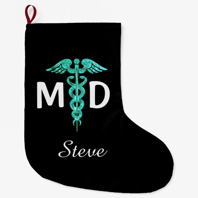Calcetín Navideño Grande Médica MD Caduceus Símbolo médico Turquoise Negro (Anverso)