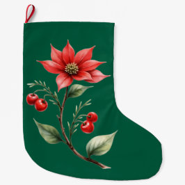Calcetín Navideño Grande Meia de Natal verde com motivo floral