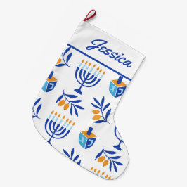 Calcetín Navideño Grande Menorah blanca y azul y Dreidel Hanukkah Stocking