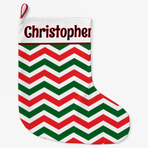 Calcetín Navideño Grande Mensaje personalizado Chevron rojo, verde y blanco