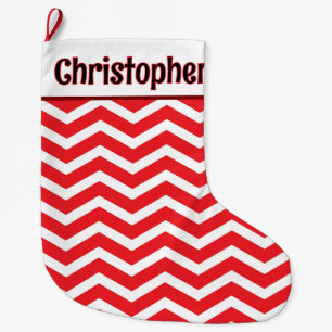 Calcetín Navideño Grande Mensaje personalizado Chevron rojo y blanco lindo