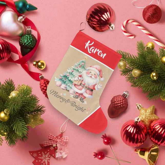 Calcetín Navideño Grande Merry & Bright Santa Claus Navidades rojos (Merry & Bright Santa Claus Red Christmas Large Christmas Stocking)