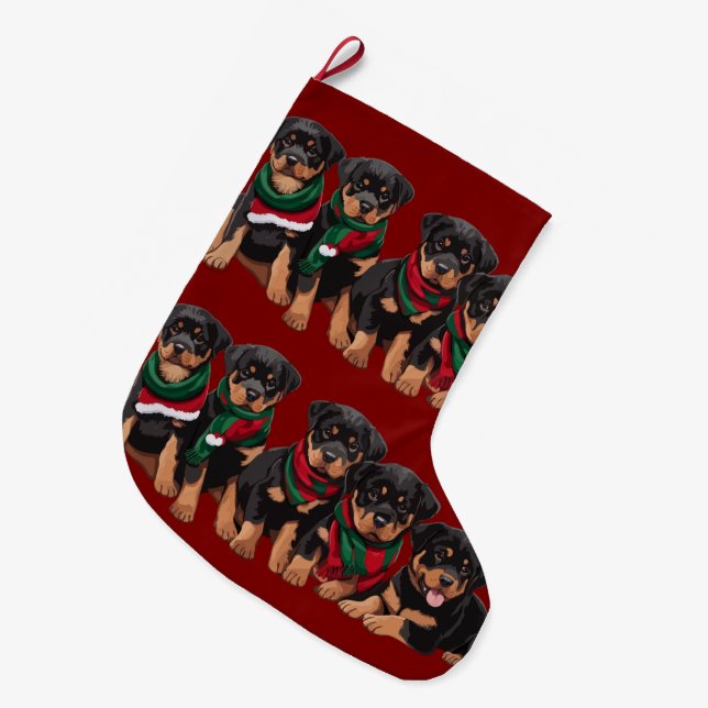Calcetín Navideño Grande Merry Chrismutts Cachorros Rottweiler con bufanda (Frente (Colgado))