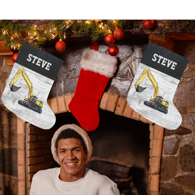 Calcetín Navideño Grande Merry Christmas Construction Excavation Name Hombr (Cool one of a kind excavator Christmas stocking.)